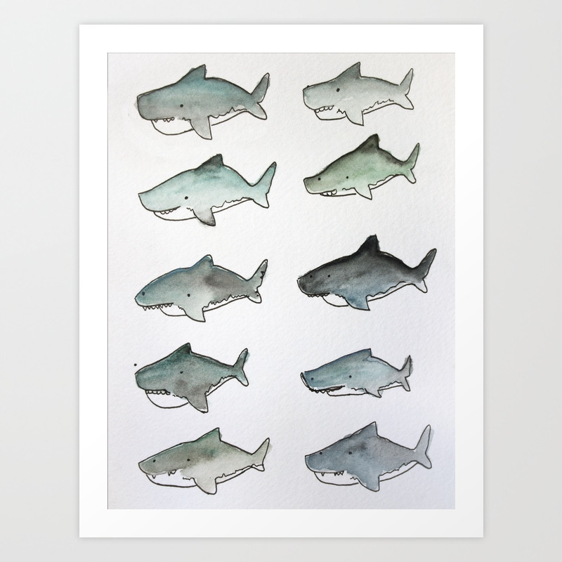 Cute Watercolor Sharks Ocean Watercolor Art Art Print By