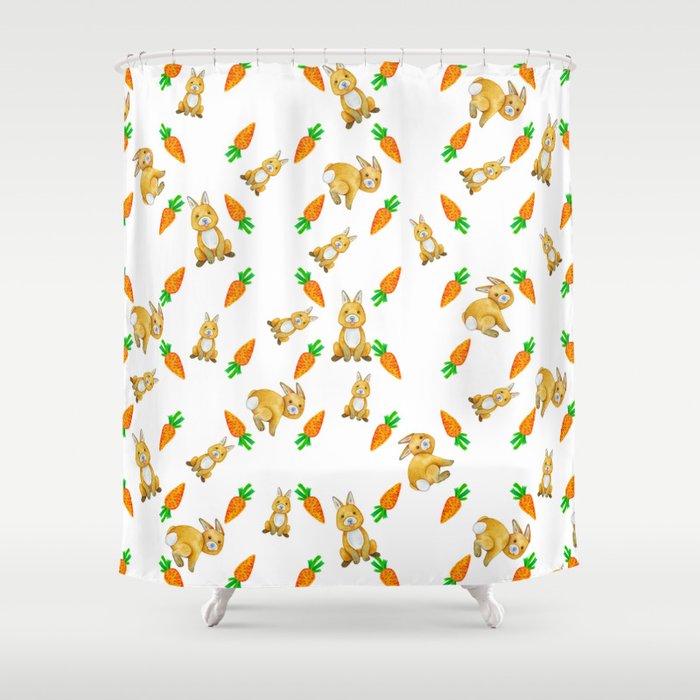 Watercolor orange green carrots brown bunny rabbit Shower Curtain