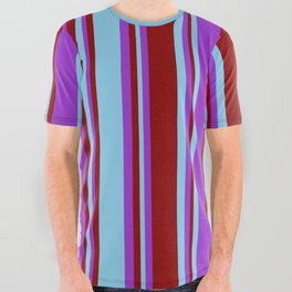 [ Thumbnail: Sky Blue, Dark Orchid, and Dark Red Colored Pattern of Stripes All Over Graphic Tee ]