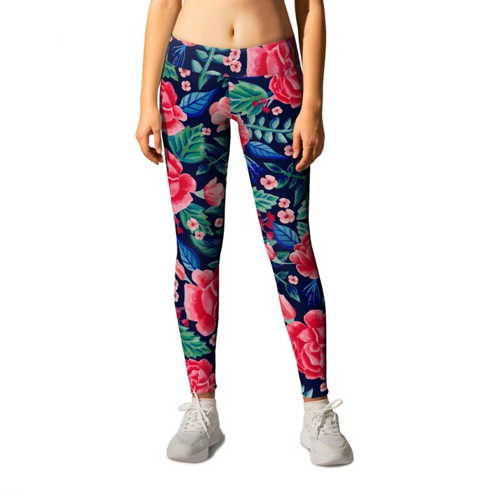 Red Roses with Green & Blue Leaves - Floral Pattern Leggings