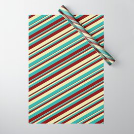 [ Thumbnail: Pale Goldenrod, Light Sea Green, and Dark Red Colored Striped Pattern Wrapping Paper ]