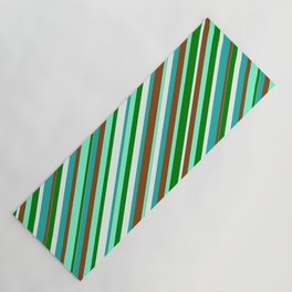 [ Thumbnail: Colorful Light Sea Green, Brown, Aquamarine, Green & Mint Cream Colored Lined/Striped Pattern Yoga Mat ]