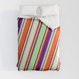 [ Thumbnail: Green, Beige, Red & Indigo Colored Stripes Pattern Comforter ]