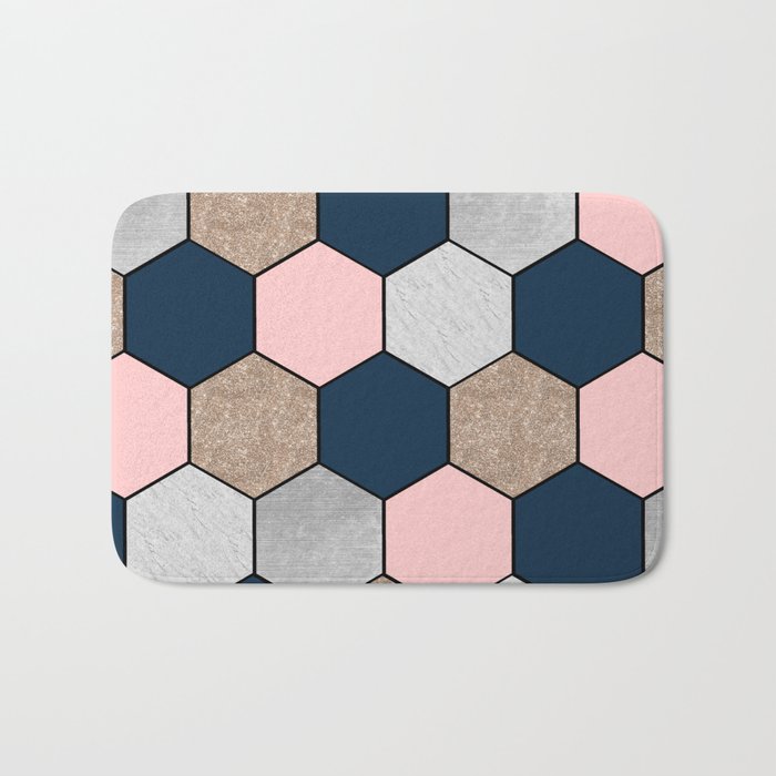 Navy and peach marble and foil hexagons Bath Mat