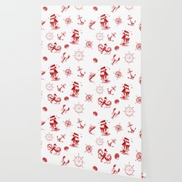 Red Silhouettes Of Vintage Nautical Pattern Wallpaper