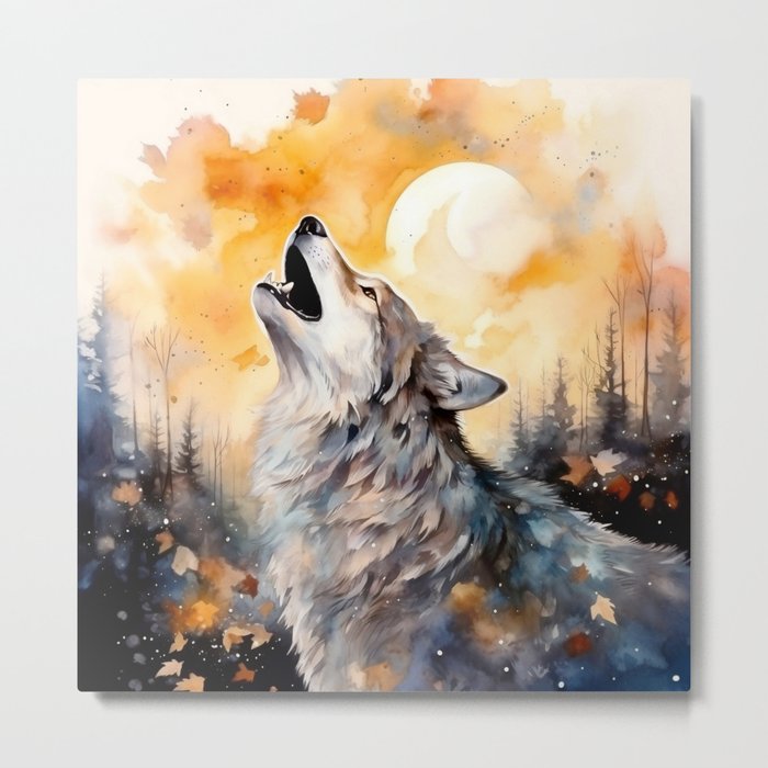 Wolf Howling at the Moon Metal Print