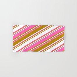 [ Thumbnail: Dark Goldenrod, White, and Hot Pink Colored Stripes/Lines Pattern Hand & Bath Towel ]