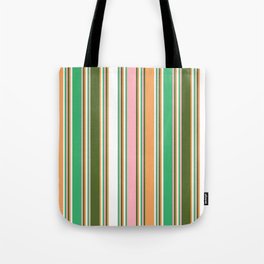 [ Thumbnail: Colorful Sea Green, Light Pink, Dark Olive Green, Brown, and White Colored Lines Pattern Tote Bag ]