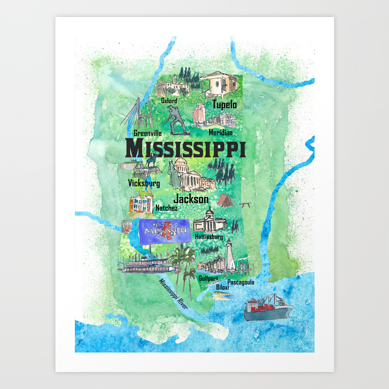 Usa Mississippi State Travel Poster Map With Tourist Highlights Art Print By Artshop77 Society6