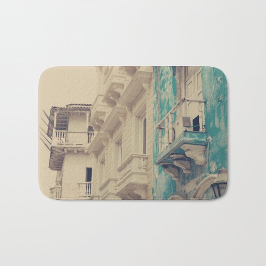 Grunge Summer Town (Retro and Vintage Urban, architecture photography, blue and cream) Bath Mat