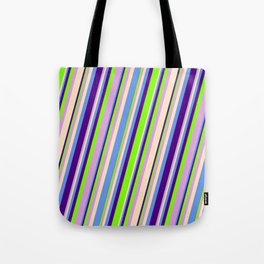 [ Thumbnail: Vibrant Bisque, Cornflower Blue, Indigo, Chartreuse & Plum Colored Lines Pattern Tote Bag ]