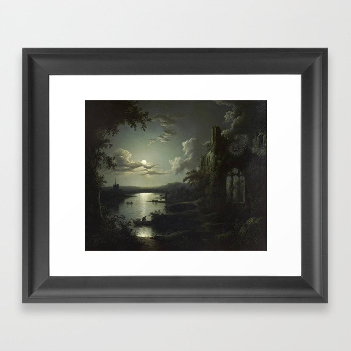 The Beautiful Ruins, Boats on a Moonlit Lake with Gothic Church landscape painting by Sebastian Pether Framed Art Print