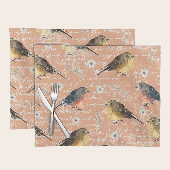 Robin Birds and Flowers on Peach Orange Placemat by Minimal By Tafida