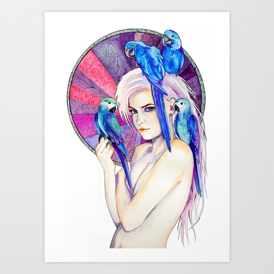 Girl with Parrots Art Print