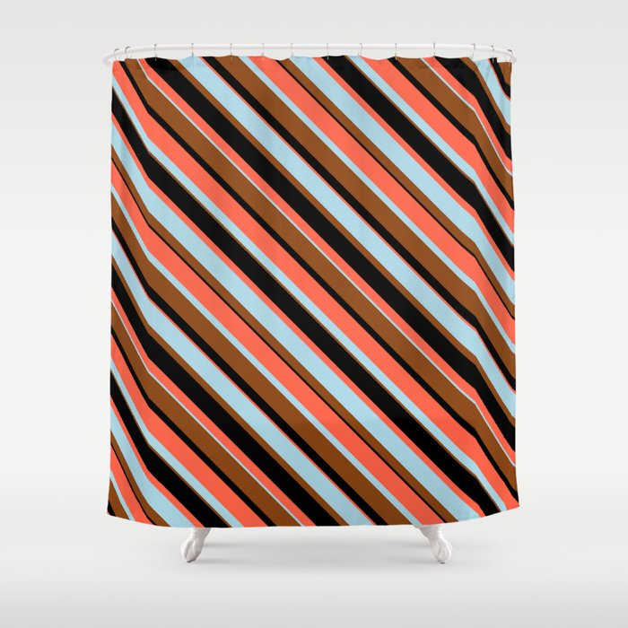 Red, Light Blue, Brown, and Black Colored Lines/Stripes Pattern Shower Curtain