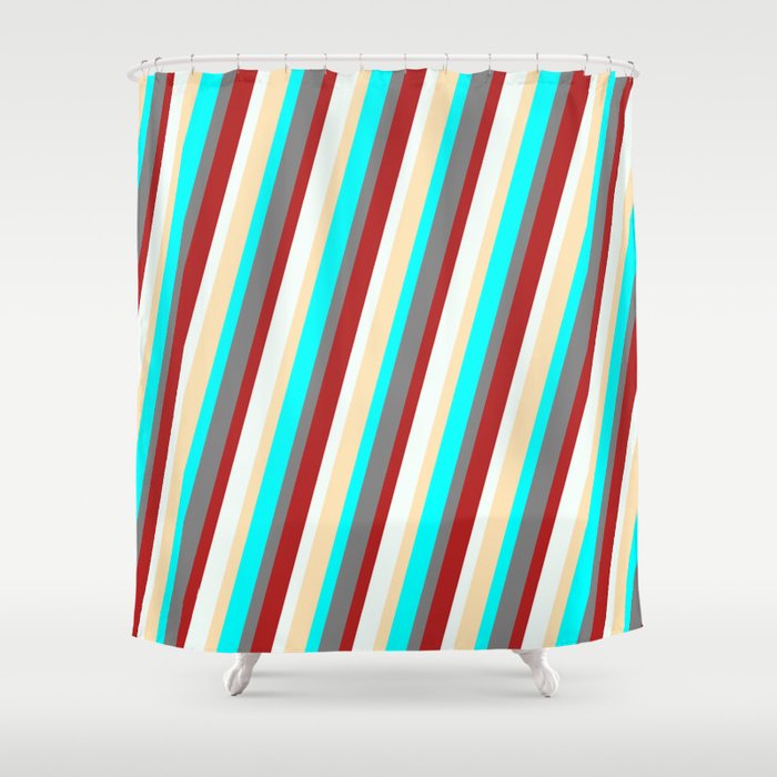 Eye-catching Beige, Aqua, Gray, Red & Mint Cream Colored Striped/Lined Pattern Shower Curtain