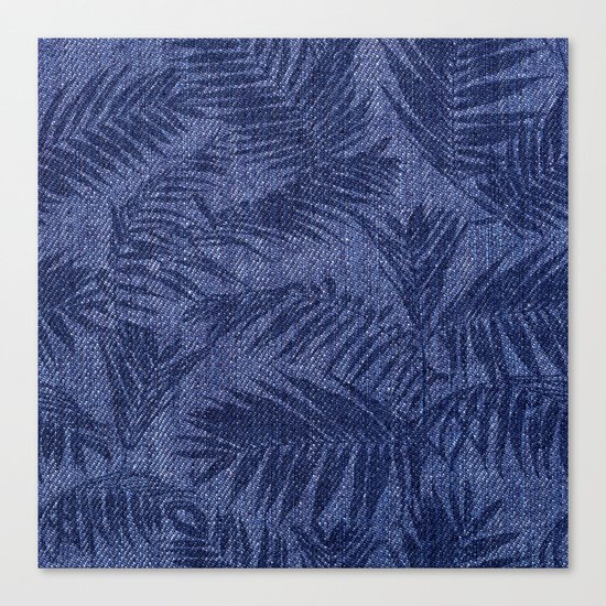 Tropical pattern on blue jeans Canvas Print