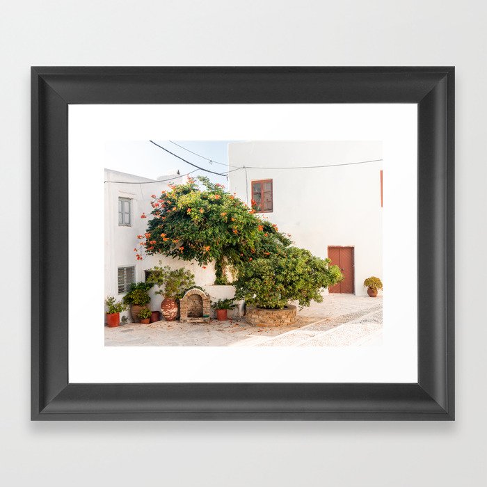 Greek Square Filled with Nature | Mediterranean Town in the Sun | Botanical Travel Photography Framed Art Print