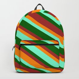 [ Thumbnail: Aquamarine, Dark Green, Brown & Dark Orange Colored Pattern of Stripes Backpack ]