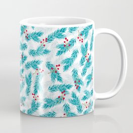 Watercolor Christmas Pattern - Winter Red Berries and Green Pinetree Sprigs Mug
