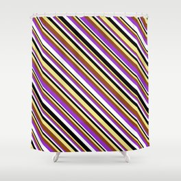 [ Thumbnail: Vibrant Tan, Brown, Dark Orchid, White & Black Colored Lines Pattern Shower Curtain ]