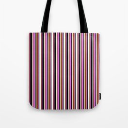[ Thumbnail: Orchid, Brown, White & Black Colored Lined Pattern Tote Bag ]