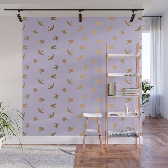 Gold Flying Birds Seamless Pattern on Lilac background Wall Mural