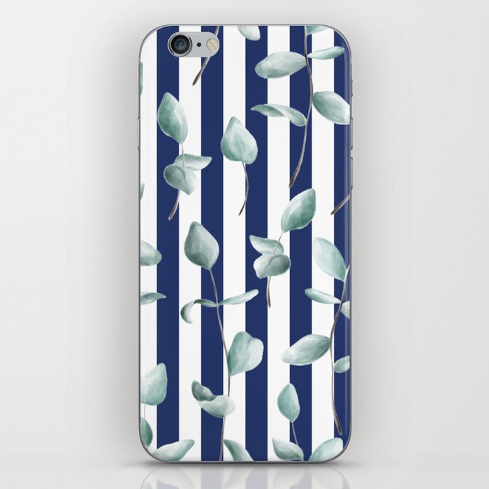 Watercolor Green Leaves on Sodalite Navy Blue and White Striped iPhone Skin