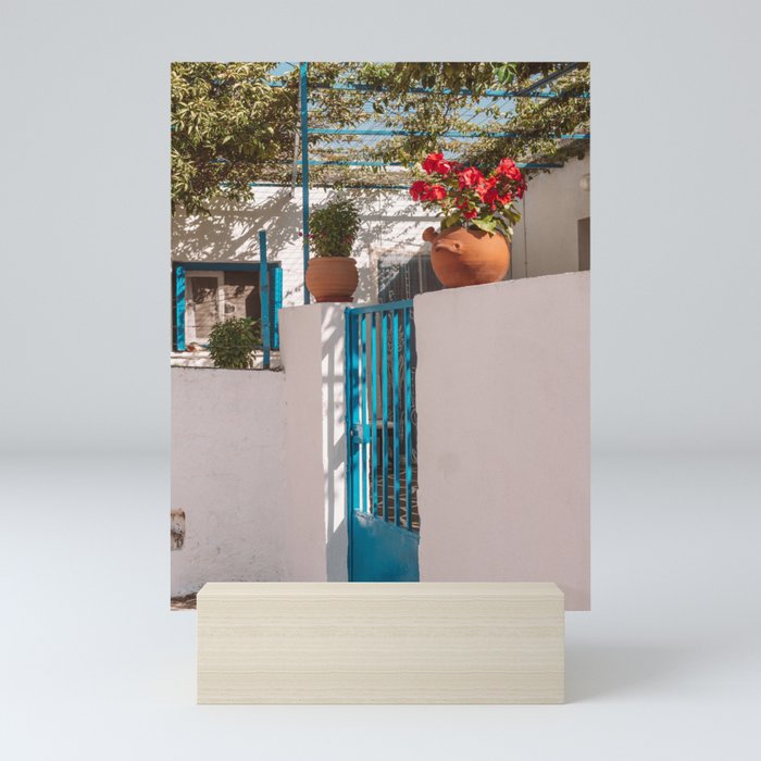 Greek Still Live with Flower Pot and Blue Door | Mediterranean Scene on the Cycladic Islands of Greece | Travel and Summer Photography Mini Art Print