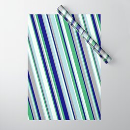 [ Thumbnail: Eye-catching Powder Blue, Dark Gray, Blue, Sea Green & Mint Cream Colored Striped Pattern Wrapping Paper ]