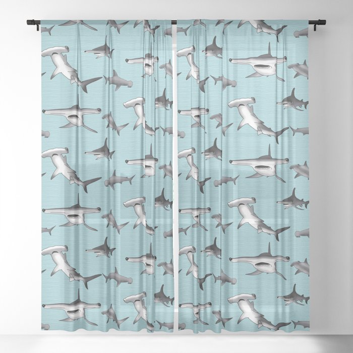 Hammerrhead shark pattern on waterspout blue Sheer Curtain