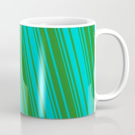 [ Thumbnail: Forest Green & Dark Turquoise Colored Striped Pattern Coffee Mug ]
