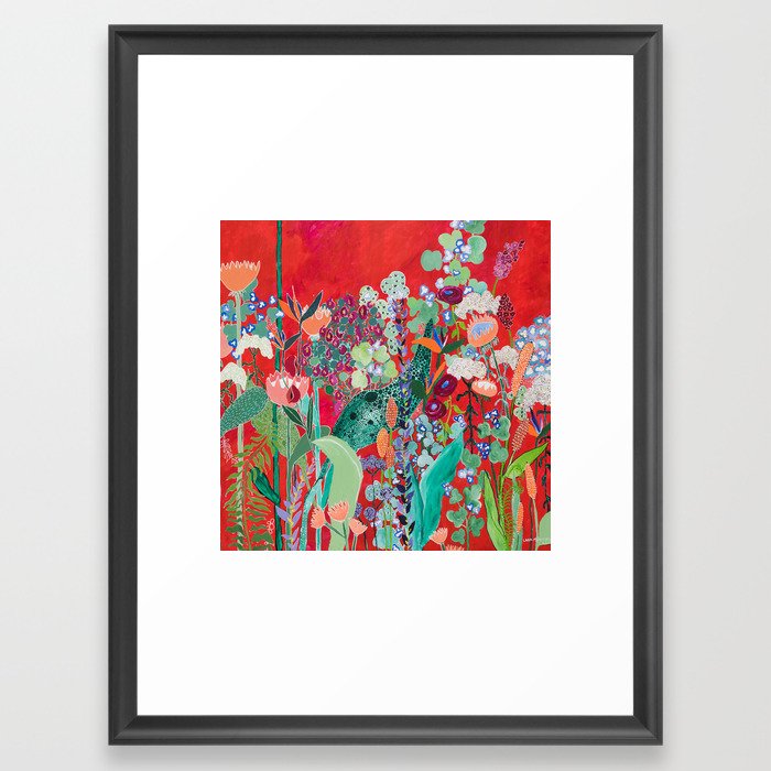 Red floral Jungle Garden Botanical featuring Proteas, Reeds, Eucalyptus, Ferns and Birds of Paradise Framed Art Print