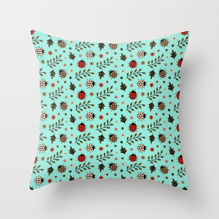 Ladybug and Floral Seamless Pattern on Seafoam Background Throw Pillow