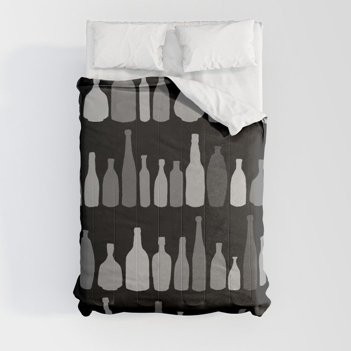 Bottles Black and White on Black Comforter