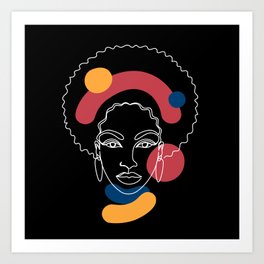 African woman in a line art style with abstract shapes on a black background. Art Print