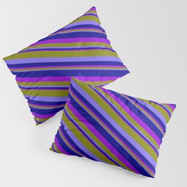 [ Thumbnail: Green, Medium Slate Blue, Dark Blue, and Dark Violet Colored Pattern of Stripes Pillow Sham ]