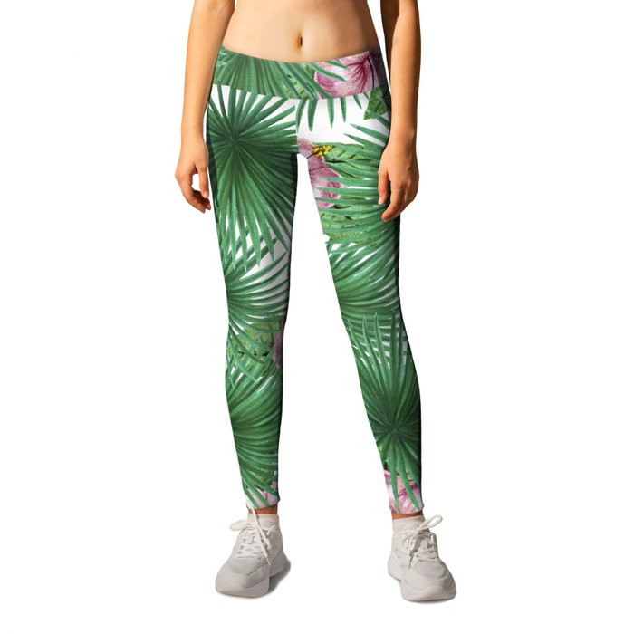 Jungle Love, Palm Leaves And Hibiscus White Leggings