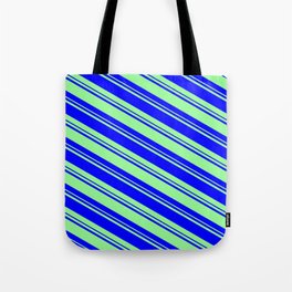 [ Thumbnail: Blue and Green Colored Lines/Stripes Pattern Tote Bag ]