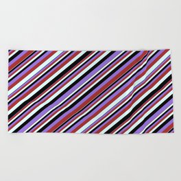 [ Thumbnail: Black, Purple, Brown, and Light Cyan Colored Stripes/Lines Pattern Beach Towel ]