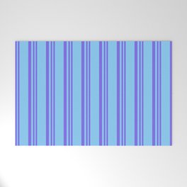[ Thumbnail: Medium Slate Blue and Light Sky Blue Colored Pattern of Stripes Welcome Mat ]
