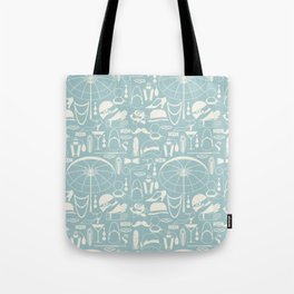 White Old-Fashioned 1920s Vintage Pattern on Sage Turquoise Tote Bag