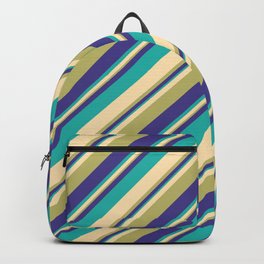 [ Thumbnail: Beige, Dark Khaki, Dark Slate Blue, and Light Sea Green Colored Striped Pattern Backpack ]