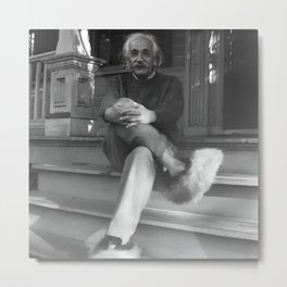 Funny Einstein in Fuzzy Slippers Classic Black and White Satirical Photography - Photographs Metal Print | Poster, Theoryofrelativity, Greatestminds, Memes, White, Slippers, Photo, Intelligence, Funny, Hubble 