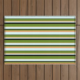[ Thumbnail: Green, Brown, Light Cyan, and Black Colored Stripes/Lines Pattern Outdoor Rug ]