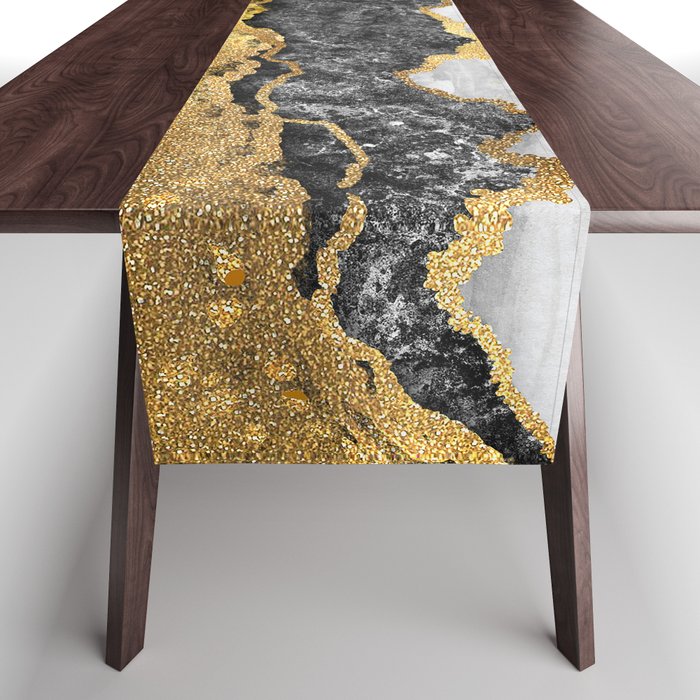 Gold + Black Marble Abstract Artwork, Classic Monochrome + Golden Design Table Runner