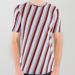 [ Thumbnail: Dark Gray, Maroon, and Lavender Colored Lines/Stripes Pattern All Over Graphic Tee ]
