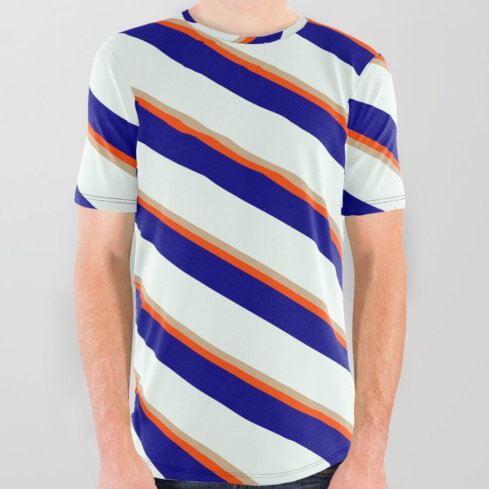 Tan, Red, Blue & Mint Cream Colored Stripes/Lines Pattern All Over Graphic Tee