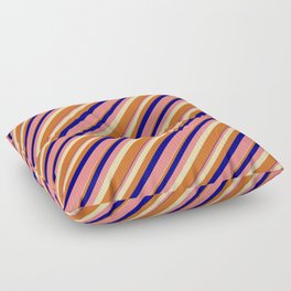 [ Thumbnail: Blue, Light Coral, Tan & Chocolate Colored Lined/Striped Pattern Floor Pillow ]
