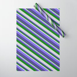 [ Thumbnail: Green, Light Gray, Medium Slate Blue, and Dark Slate Blue Colored Striped Pattern Wrapping Paper ]